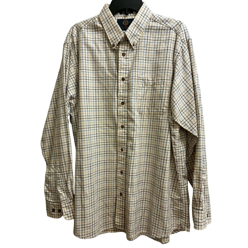 Viyella Shirt Mens XL Blue Brown Check Cotton Wool Blend Long Sleeve